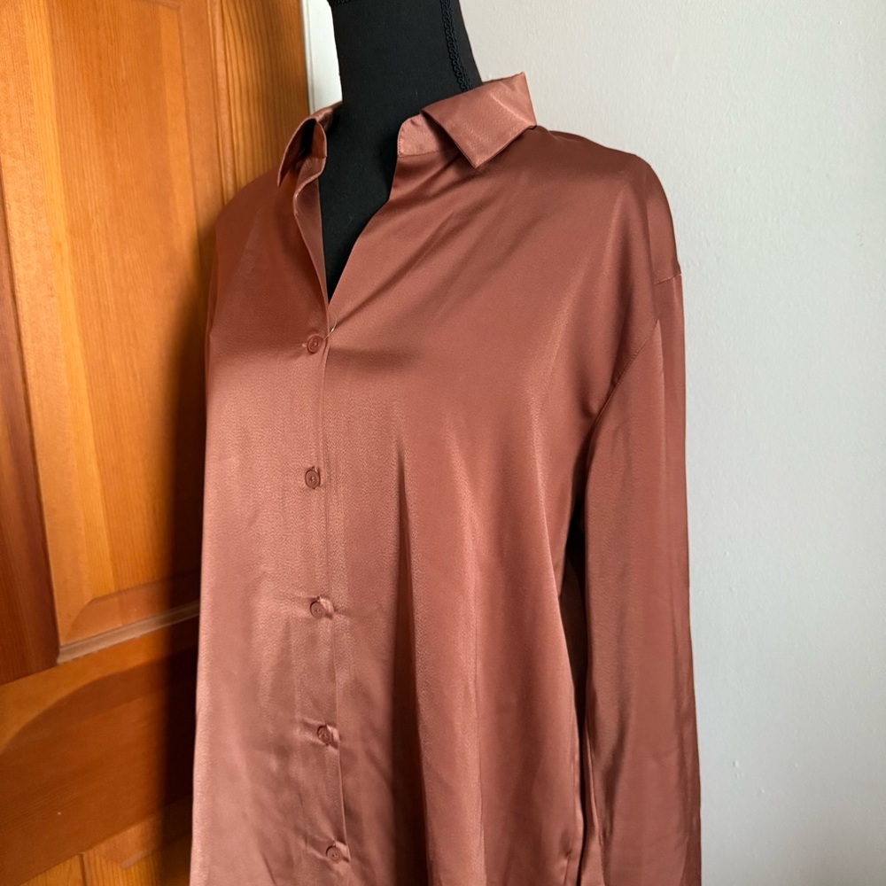Uniqlo Rust Bronze Silky Button Down Top - Picture 8 of 13